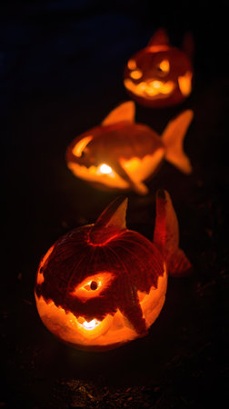 Brightly lit fish shaped lanterns made from carved pumpkins bring a playful touch to a dark environment showcasing creativity and artistry.の素材