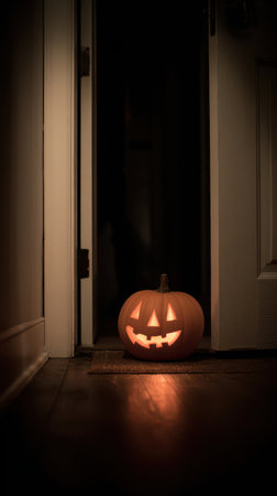 A carved pumpkin with a smiling face sits at a door entrance softly glowing in the dark. The scene is warm and inviting on Halloween night.の素材