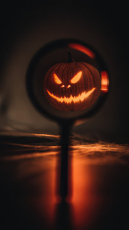 A creatively carved pumpkin displays sinister features as it glows in a dark environment capturing the essence of Halloween night.の素材