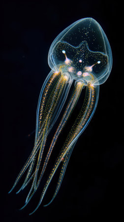 A translucent jellyfish floats elegantly its long tentacles trailing behind while shimmering light reflects off its body in dark waters.の素材