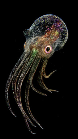 A vibrant squid glides gracefully through the dark depths of the ocean showcasing its unique colors and intricate patterns.の素材