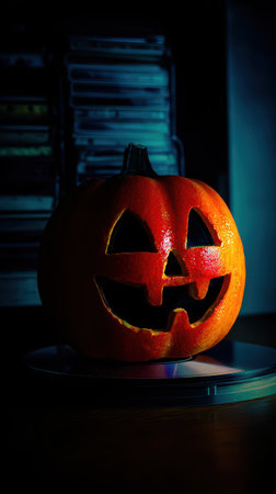 A bright orange pumpkin with a carved face sits on a table illuminated in darkness. Shadows create an eerie atmosphere for Halloween.の素材