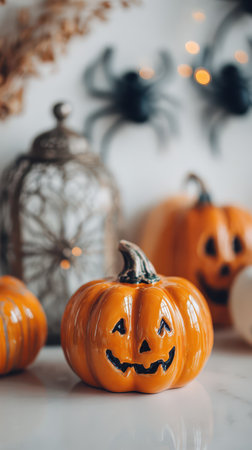Smiling pumpkins in a cozy indoor setup ideal for Halloween with lights and spider decor in the background.の素材