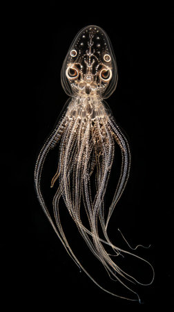A translucent squid floats effortlessly in the dark ocean showcasing its delicate tentacles and unique features revealing underwater beauty.の素材