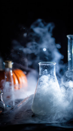 Glass beakers filled with liquids surrounded by smoke and an orange pumpkin. Setting suggests a mysterious Halloween themed experiment.の素材