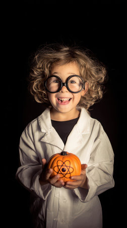 A cheerful child in a lab coat smiles while holding a pumpkin decorated with an atom symbol. The background is dark highlighting the joyful moment.の素材