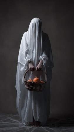 A figure shrouded in a white cloth holds a basket filled with pumpkins creating an eerie Halloween atmosphere in a dimly lit space.の素材