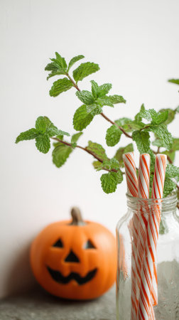 A vibrant pumpkin with a carved face sits next to a glass jar filled with candy straws and fresh mint leaves evoking a festive atmosphere.の素材