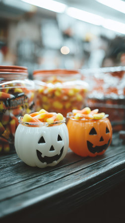 Adorned with playful jack o lantern designs two bowls filled with vibrant candy sit on a rustic wooden table at a festive shop.の素材
