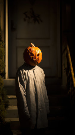 A figure wearing a carved pumpkin head stands on a porch at night creating an eerie atmosphere with dim lighting and shadows.の素材