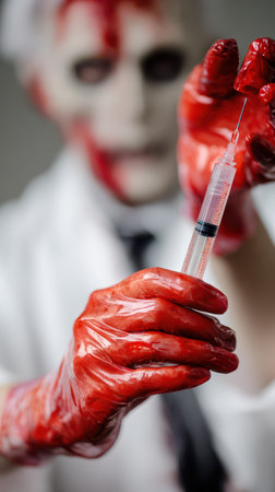 A sinister figure in a white coat with blood on their hands prepares a syringe creating a chilling atmosphere in a dimly lit space.の素材