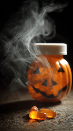 A carved pumpkin jar emits smoke enhancing the spooky atmosphere of Halloween. The orange jar features a smiling jack o lantern face.の素材