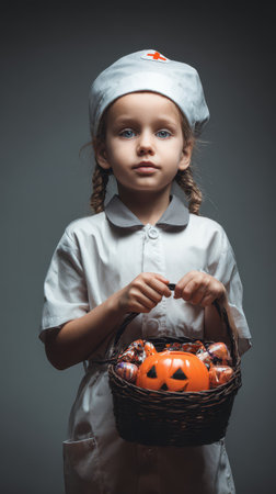 A young girl in a nurse costume stands confidently clutching a basket filled with Halloween candies and a pumpkin decoration.の素材