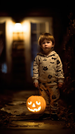 Young child dressed in pajamas stands outdoors holding a lit jack o lantern in a dimly lit setting on Halloween night.の素材