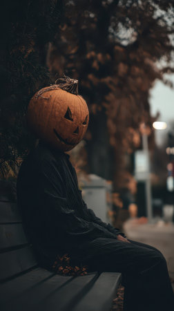 A figure sits quietly on a bench wearing a carved pumpkin for a head surrounded by autumn leaves and a moody atmosphere at dusk.の素材