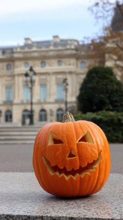 A carved pumpkin with a smiling face is placed on a stone ledge near an elegant historic building during daylight.の素材