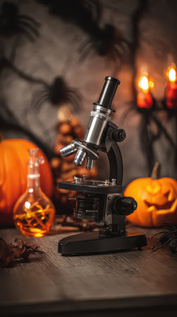 A microscope rests on a wooden table surrounded by carved pumpkins spiders and a potion perfect for Halloween experimentation.の素材