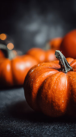 Bright orange pumpkins are grouped together showcasing their textures and colors perfect for an autumn harvest display or celebration.の素材