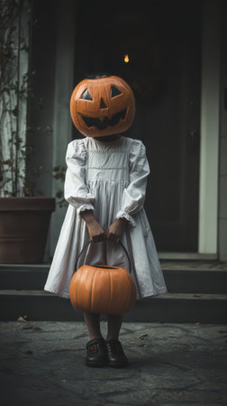 A child wearing a white dress holds a pumpkin while having a jack o lantern on their head during an eerie evening.の素材
