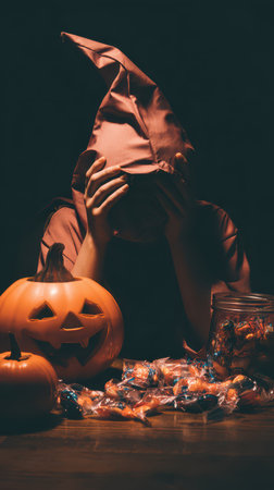 A child in a pink costume hides their face while surrounded by pumpkins and a pile of colorful candies during a Halloween gathering.の素材