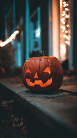 A carved pumpkin with a spooky face sits on a porch illuminated from within surrounded by faint outdoor lights on a cool autumn night.の素材