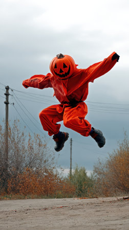 A child dressed in an orange pumpkin costume joyfully jumps outside amidst an autumn landscape under a cloudy sky.の素材