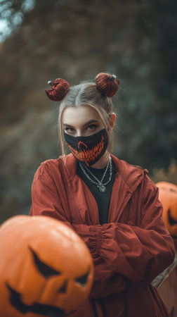 A young woman wearing a red jacket and a decorative mask stands confidently among carved pumpkins in an outdoor setting during autumn.の素材