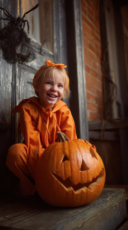 A young child wearing an orange costume sits happily next to a carved jack o lantern on a rustic porch during Halloween festivities.の素材