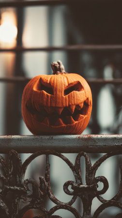 A spooky pumpkin features sharp teeth and glaring eyes resting on a metal ledge in a dimly lit setting perfect for Halloween.の素材