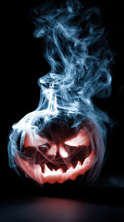 A carved pumpkin with a menacing face emits a warm glow surrounded by wisps of smoke capturing the eerie spirit of Halloween.の素材
