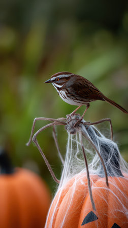 A small brown bird stands on a pumpkin with a spider web draped around it creating a seasonal autumn atmosphere with festive elements.の素材