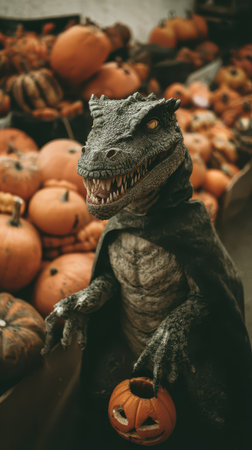 A dinosaur in a cape holds a pumpkin bucket in a market filled with orange pumpkins during Halloween preparations.の素材