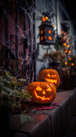 Carved pumpkins with glowing faces decorate a walkway surrounded by spider webs and lanterns creating a festive and spooky atmosphere.の素材