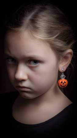 A girl wearing pumpkin earrings displays a serious expression emphasizing Halloween spirit and emotions. The lighting adds an eerie atmosphere.の素材