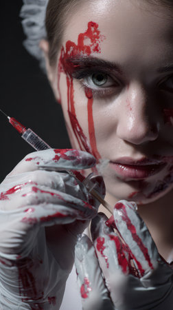 A performer showcases intense horror makeup with fake blood holding a syringe creating a chilling atmosphere in a dark setting.の素材