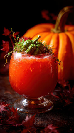 A vibrant drink sits elegantly in a glass decorated with fresh herbs and fruit. A pumpkin and autumn leaves create a seasonal atmosphere.の素材