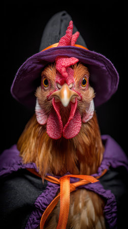 A chicken wearing a witch hat and purple cloak poses for Halloween. Its vibrant details and expression capture the festive spirit of the season.の素材