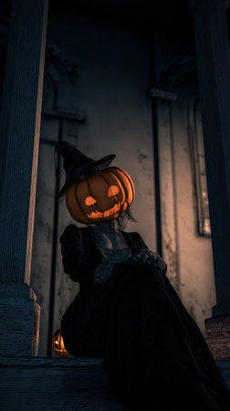 A witch figure with a carved pumpkin head sits on a porch creating a haunting atmosphere in the dim light of autumn night.の素材