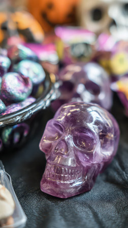 A collection of vibrant decorative skulls and colorful ornaments fills a market table showcasing various artistic designs and materials.の素材