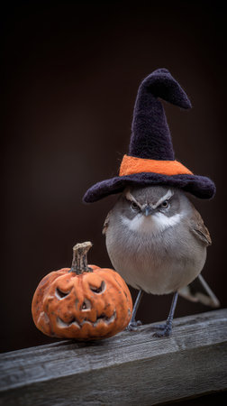A small bird wears a black and orange witch hat next to a carved pumpkin with a spooky face. The setting is festive for Halloween.の素材