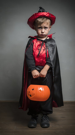A young child stands alone dressed in a vampire costume holding an orange pumpkin bucket during a Halloween event.の素材