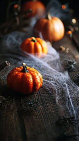 Bright orange pumpkins are arranged on a wooden surface surrounded by spider webs and decorative elements for a cozy autumn atmosphere.の素材