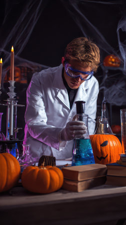 A young scientist conducts a colorful potion experiment among carved pumpkins and candles in a spooky lab setting.の素材