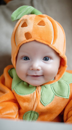 A joyful baby dressed in a pumpkin costume is smiling while sitting. The soft orange outfit is perfect for an autumn event.の素材