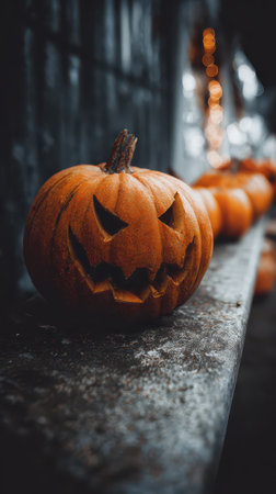 Carved pumpkins with spooky faces sit on a weathered table capturing the essence of Halloween festivities in a cozy outdoor setting.の素材