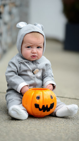 A young child in a gray outfit sits on a sidewalk holding a carved pumpkin with a playful expression enjoying the autumn atmosphere.の素材