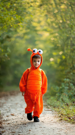A child dressed as a lobster strolls along a gravel path in a green wooded area. The costume features large eyes and vibrant color.の素材