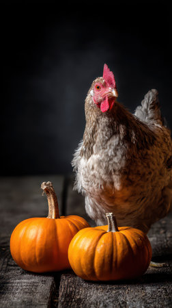 A chicken stands near two bright orange pumpkins on a wooden surface illuminated by soft lighting in a darkened space.の素材
