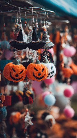 Colorful Halloween accessories hang at a lively market showcasing creative decorations including pumpkins and witches hats for the upcoming holiday.の素材