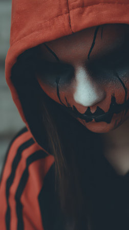 A person dressed in a red and black outfit displays intricate face paint resembling a scary pumpkin standing in an urban environment.の素材